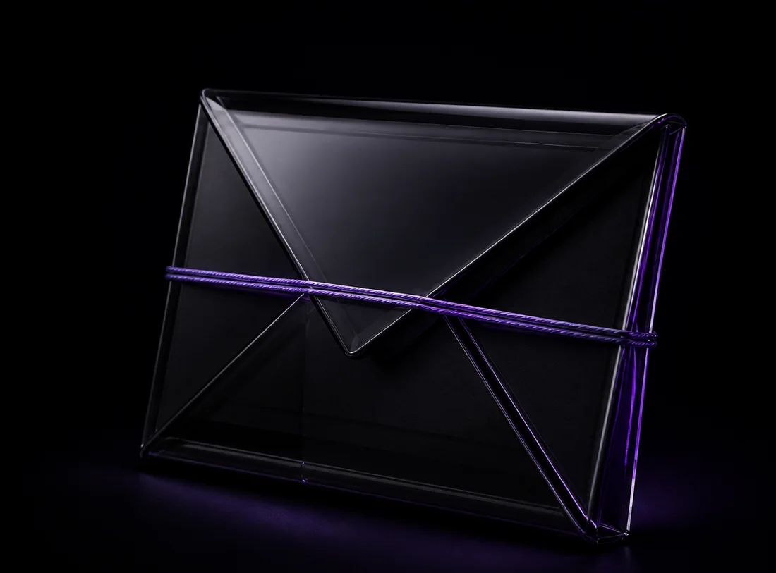 A sealed black-glass envelope bound with a glowing violet cord, representing an encrypted Livara Chat direct message travelling between the web and Android apps